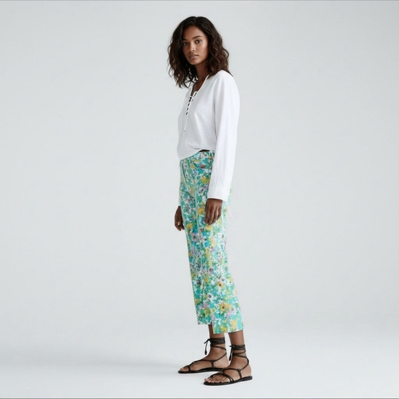 Zara High-Waisted Retro Floral Kick Flare Linen Pants Disco Cottagecore Sz 4